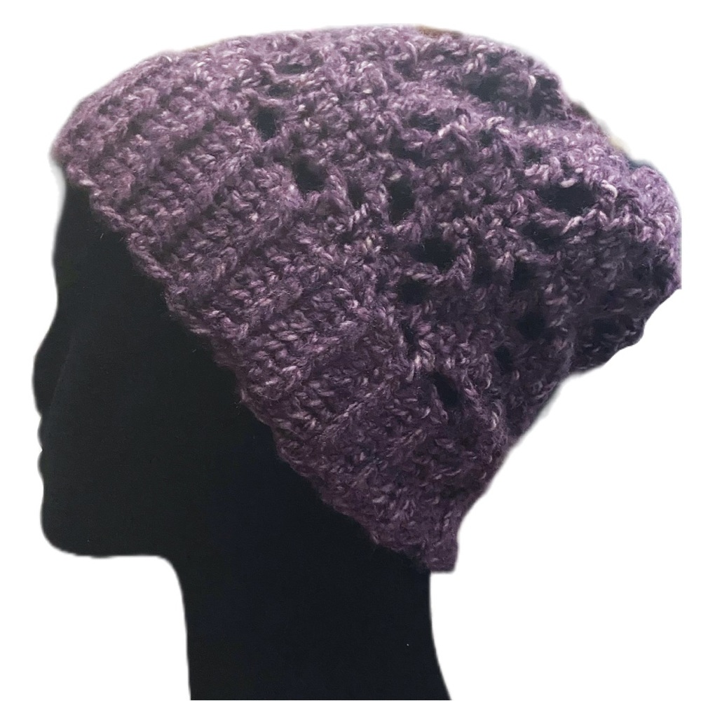 Purple Feaux Mohair Diamond Lace Crochet Knit Beanie Winter Hat
